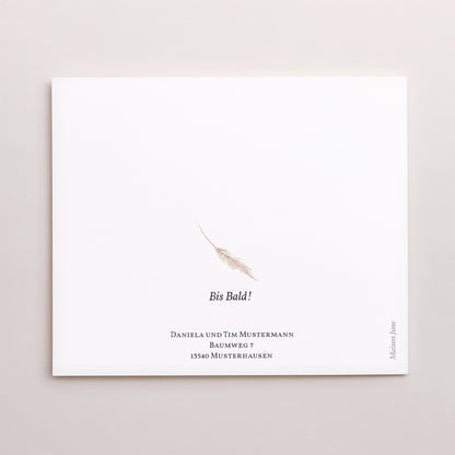 Dankeskarte Geburt Asymmetrische Zweiflügeltür Kuschelhase, Weidenkorb und Ball foto N° 3
