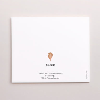Dankeskarte Geburt Asymmetrische Zweiflügeltür Niedlicher Teddybär, Weidenkorb & Ballon foto N° 3