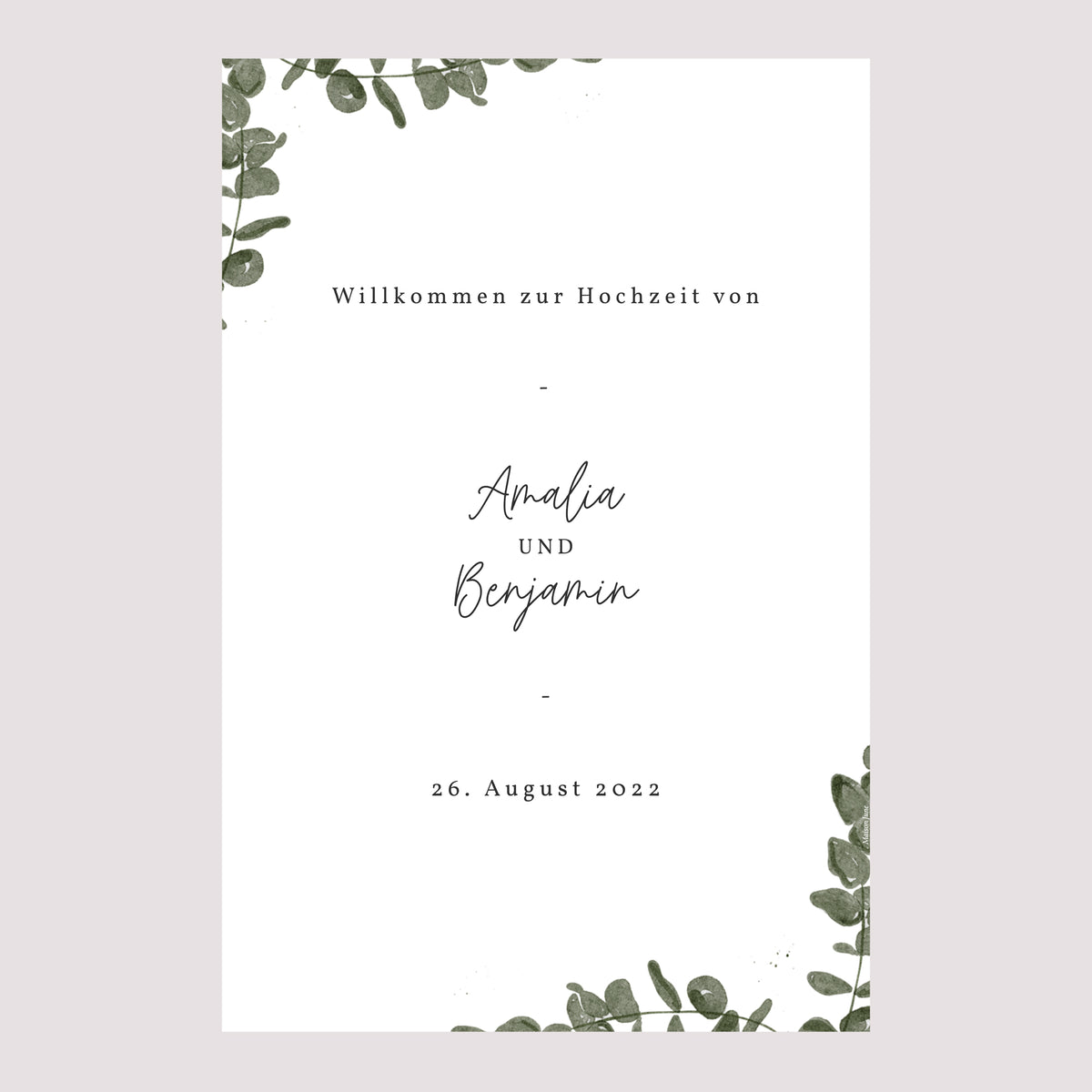 Begrüßungstafel Hochzeit Porträt 60 x 90 cm Eukalyptus Aquarell foto N° 2