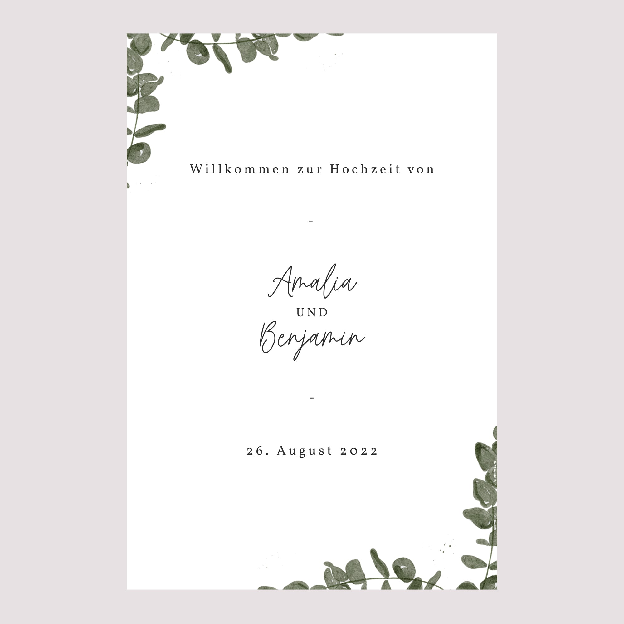 Begrüßungstafel Hochzeit Porträt 60 x 90 cm Eukalyptus Aquarell foto N° 2
