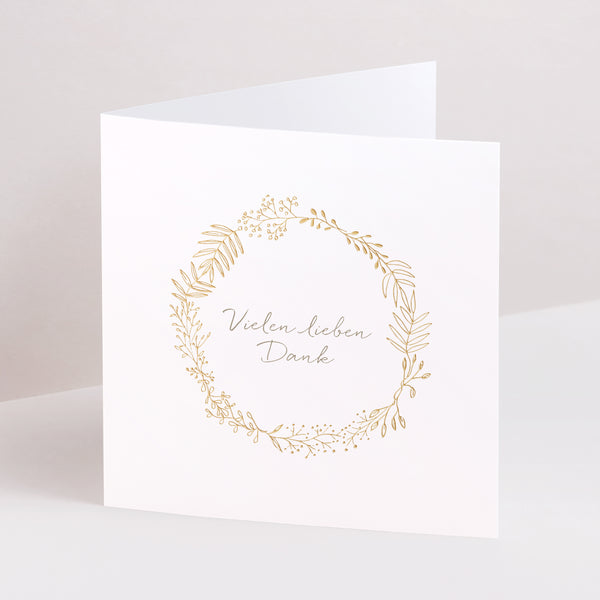 Dankeskarte Hochzeit Doppelflügiges Quadrat Goldene Krone foto