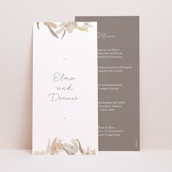 Menükarte Hochzeit Panoramatisches Porträt Kranz Blumen Aquarell foto