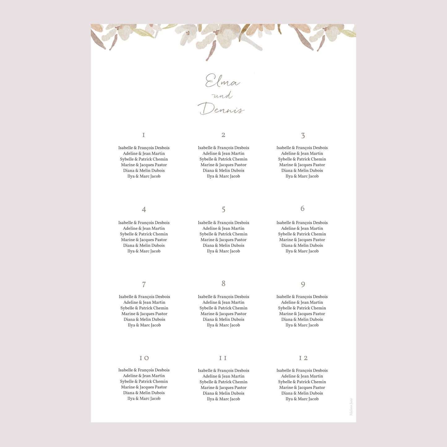 Sitzplan Hochzeit Porträt Kranz Blumen Aquarell foto N° 2