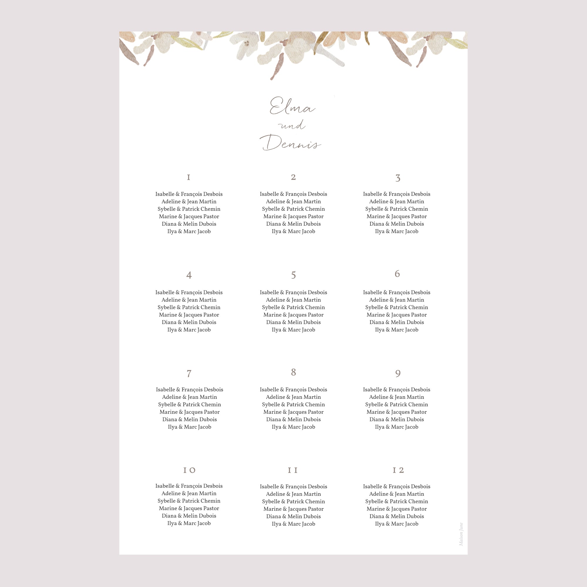 Sitzplan Hochzeit Porträt Kranz Blumen Aquarell foto N° 2