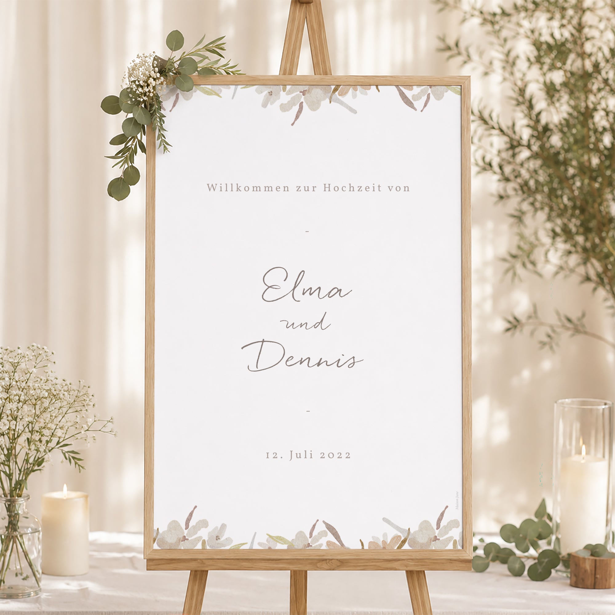 Begrüßungstafel Hochzeit Porträt 60 x 90 cm Kranz Blumen Aquarell foto N° 1