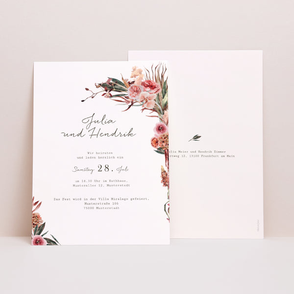 Hochzeitseinladung Arche Blumen Töne Rot Orange foto