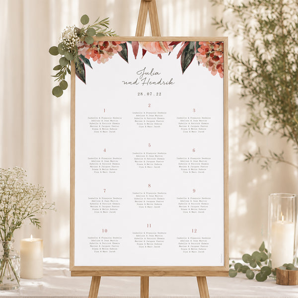Sitzplan Hochzeit Porträt Arche Blumen Töne Rot Orange foto