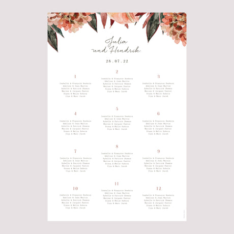 Sitzplan Hochzeit Porträt Arche Blumen Töne Rot Orange