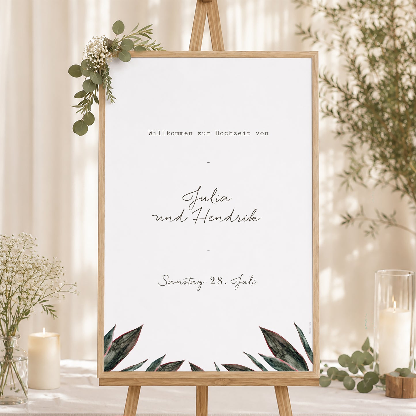 Begrüßungstafel Hochzeit Porträt 60 x 90 cm Arche Blumen Töne Rot Orange foto N° 1