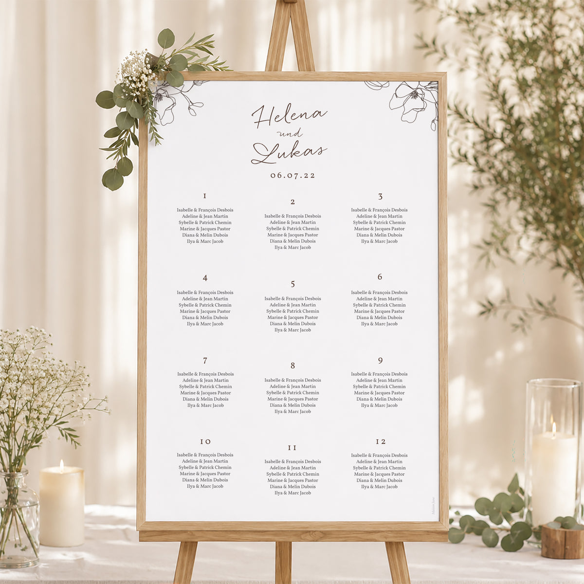 Sitzplan Hochzeit Porträt 60 x 90 cm Blumen-Silhouette III - Kirschbaum foto N° 1