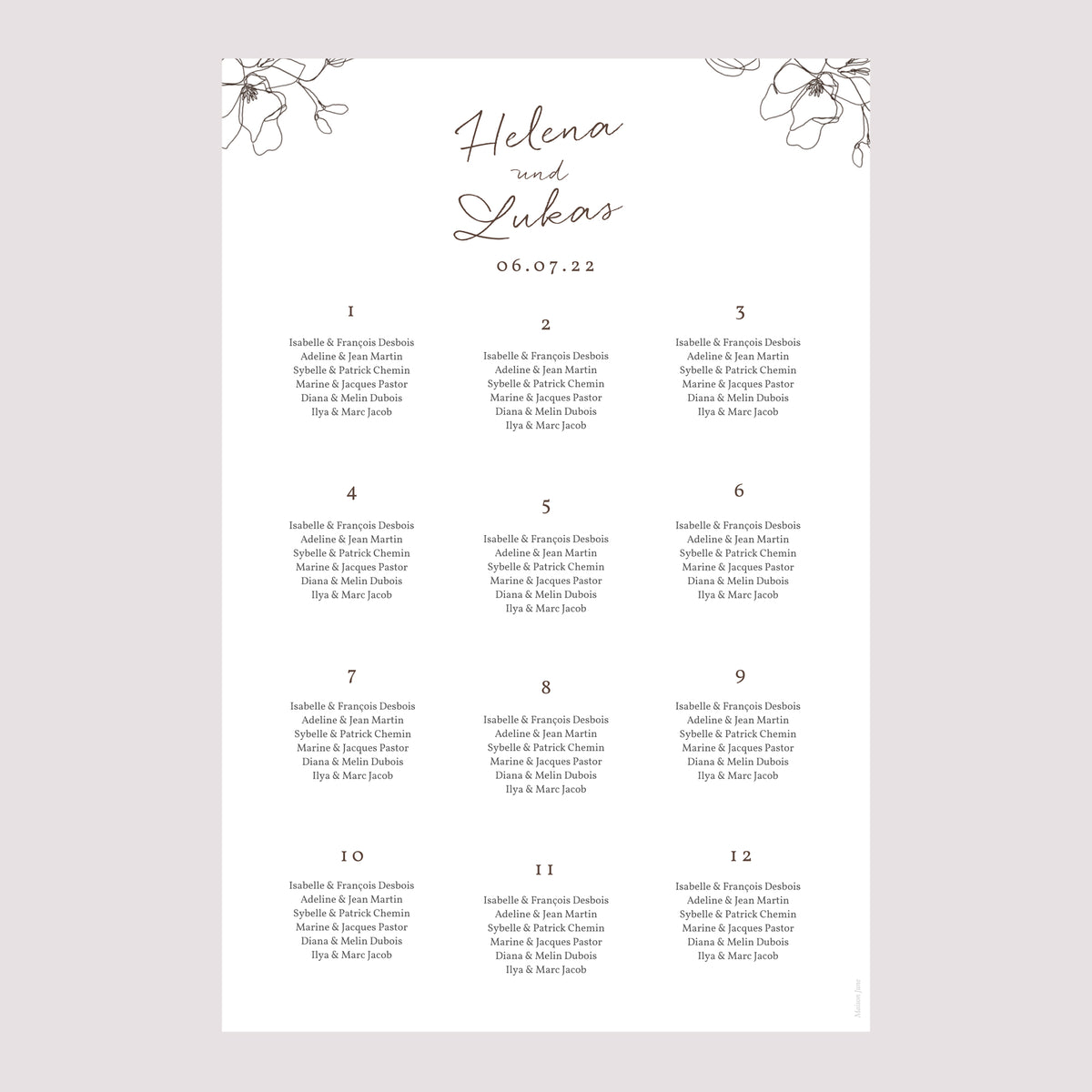 Sitzplan Hochzeit Porträt 60 x 90 cm Blumen-Silhouette III - Kirschbaum foto N° 2