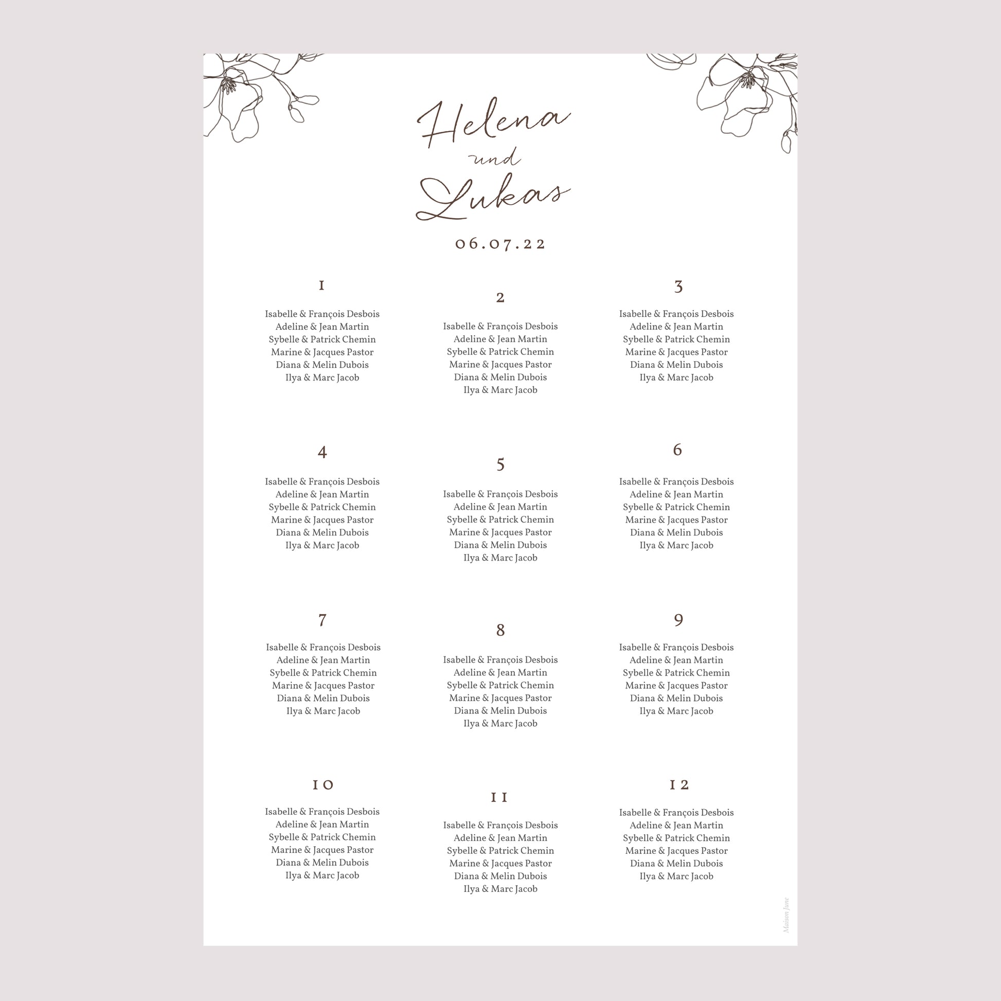 Sitzplan Hochzeit Porträt 60 x 90 cm Blumen-Silhouette III - Kirschbaum foto N° 2
