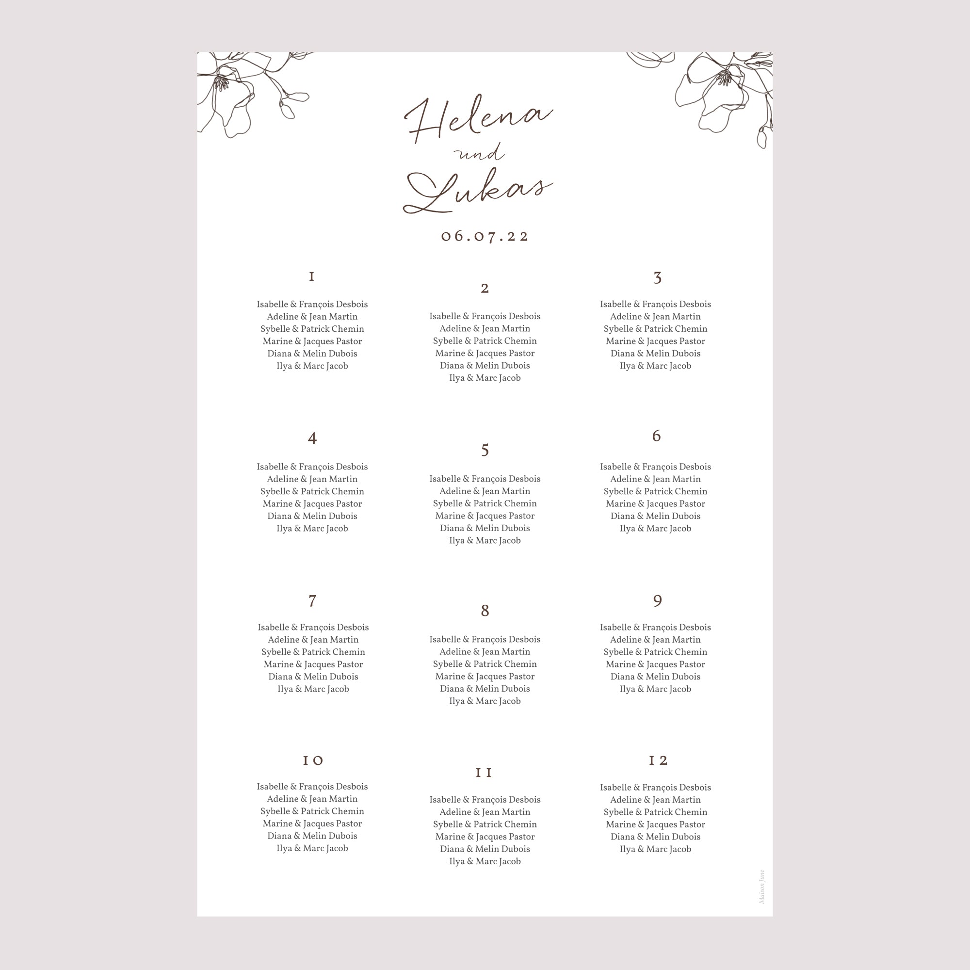 Sitzplan Hochzeit Porträt 60 x 90 cm Blumen-Silhouette III - Kirschbaum foto N° 2
