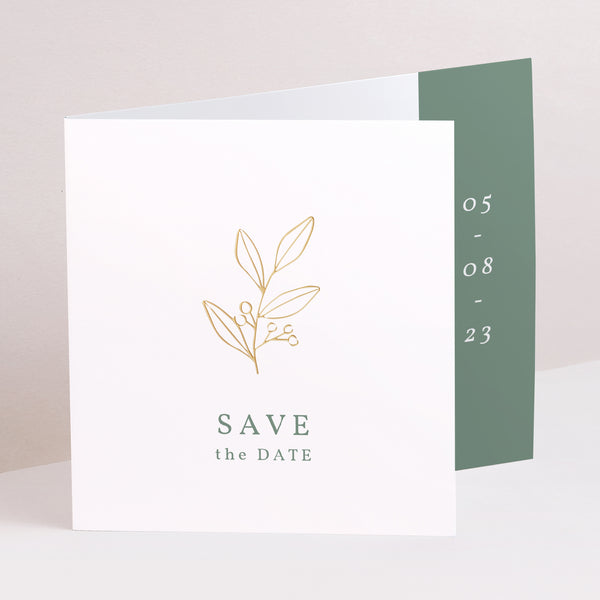 Save the date Karte Hochzeit Asymmetrische Zweiflügeltür Romantischer Zweig foto