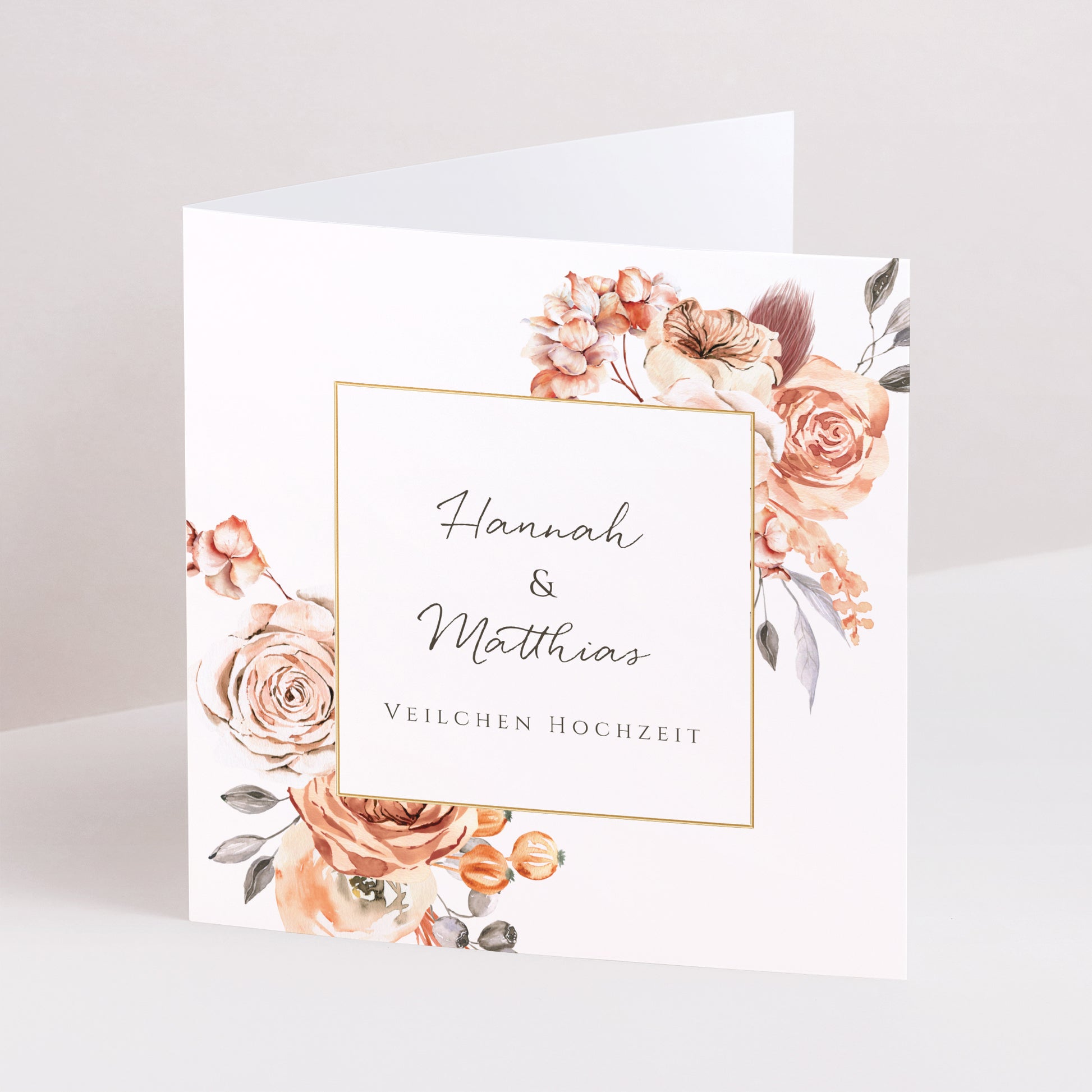 Einladungskarte Hochzeitstag Doppelflügiges Quadrat Romantico, Karamellrosen foto N° 1