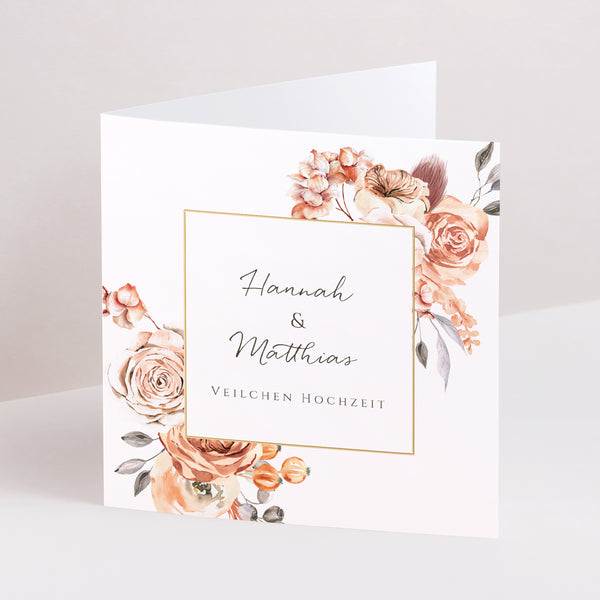 Einladungskarte Hochzeitstag Doppelflügiges Quadrat Romantico, Karamellrosen foto
