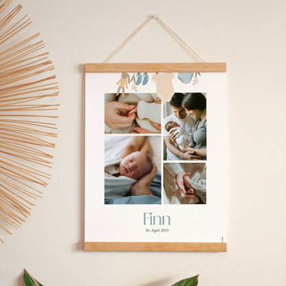 Poster Geburt Porträt Kleine Jungenkleidung auf der Wäscheleine foto N° 1