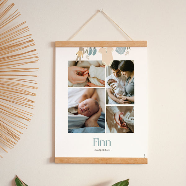Poster Geburt Porträt Kleine Jungenkleidung auf der Wäscheleine foto