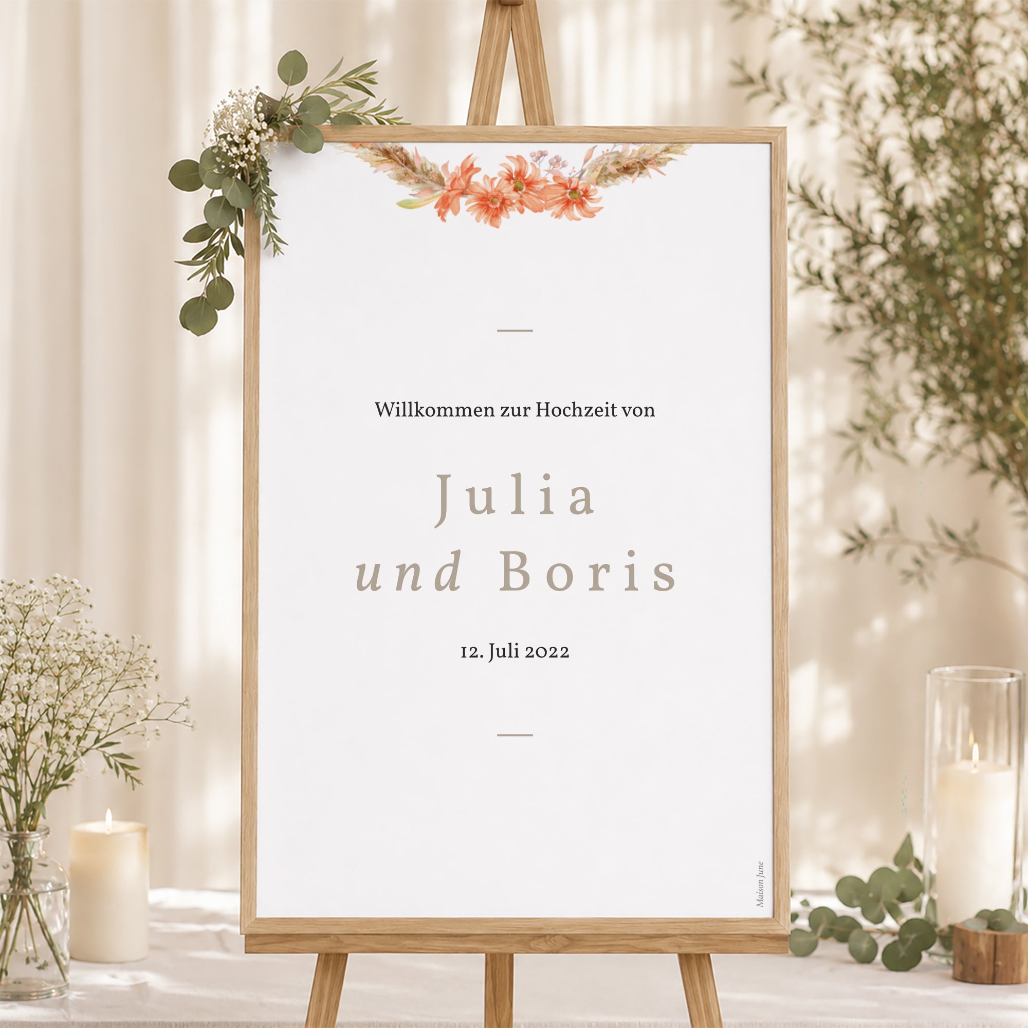 Begrüßungstafel Hochzeit Porträt 60 x 90 cm Sommersonnenwende-Kranz foto N° 1