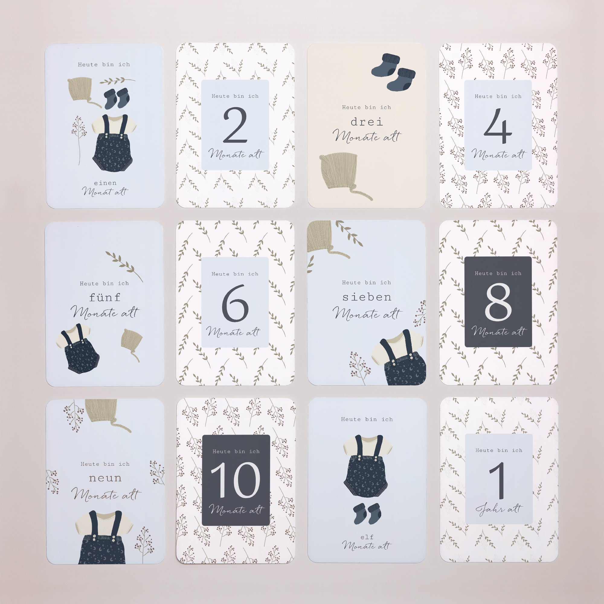 Meilenstein Karten Geburt 12er-Pack Garderobe für Jungen Hintergrund grau grün foto N° 3