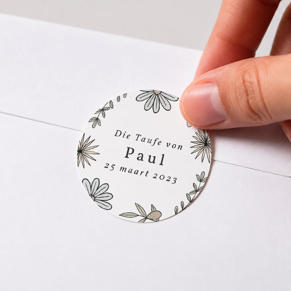 Sticker Taufe Rund Gedichte mit grauem Bleistift und Foto foto