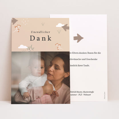 Dankeskarte Taufe PortraitPorträt Vogel, Wolken und Olivenzweig foto N° 1