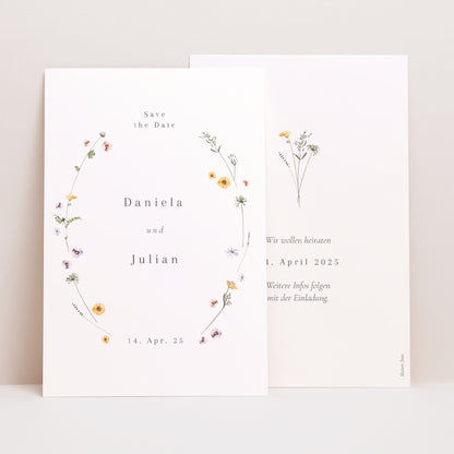 Save the date Karte Hochzeit PortraitPorträt Krone kleine Blumen foto N° 1