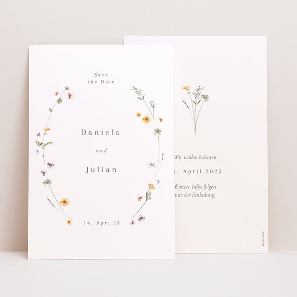 Save the date Karte Hochzeit PortraitPorträt Krone kleine Blumen foto