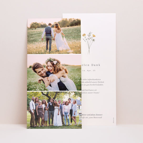 Dankeskarte Hochzeit Panoramatisches Porträt Krone kleine Blumen foto