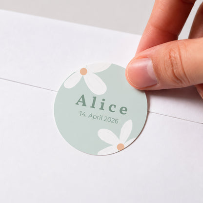 Sticker Geburt Rund Blaue Margeriten foto N° 1