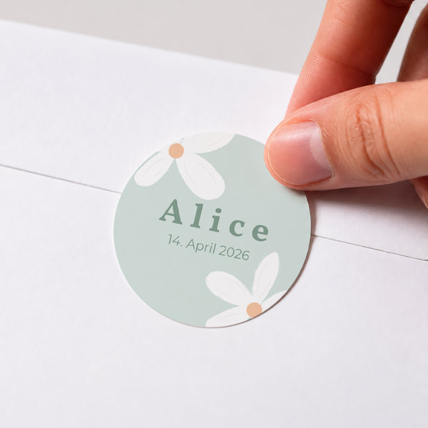 Sticker Geburt Rund Blaue Margeriten foto