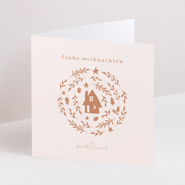Weihnachtskarte Weihnachten Doppelflügiges Quadrat kreisförmiges Arrangement Weihnachten Terrakotta foto