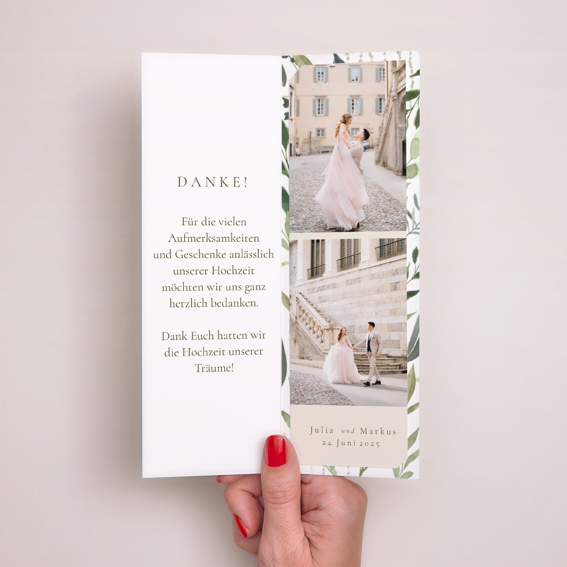 Dankeskarte Hochzeit Fotoautomaten Lesezeichen Pflanzlich, Goldene Splitter foto N° 2