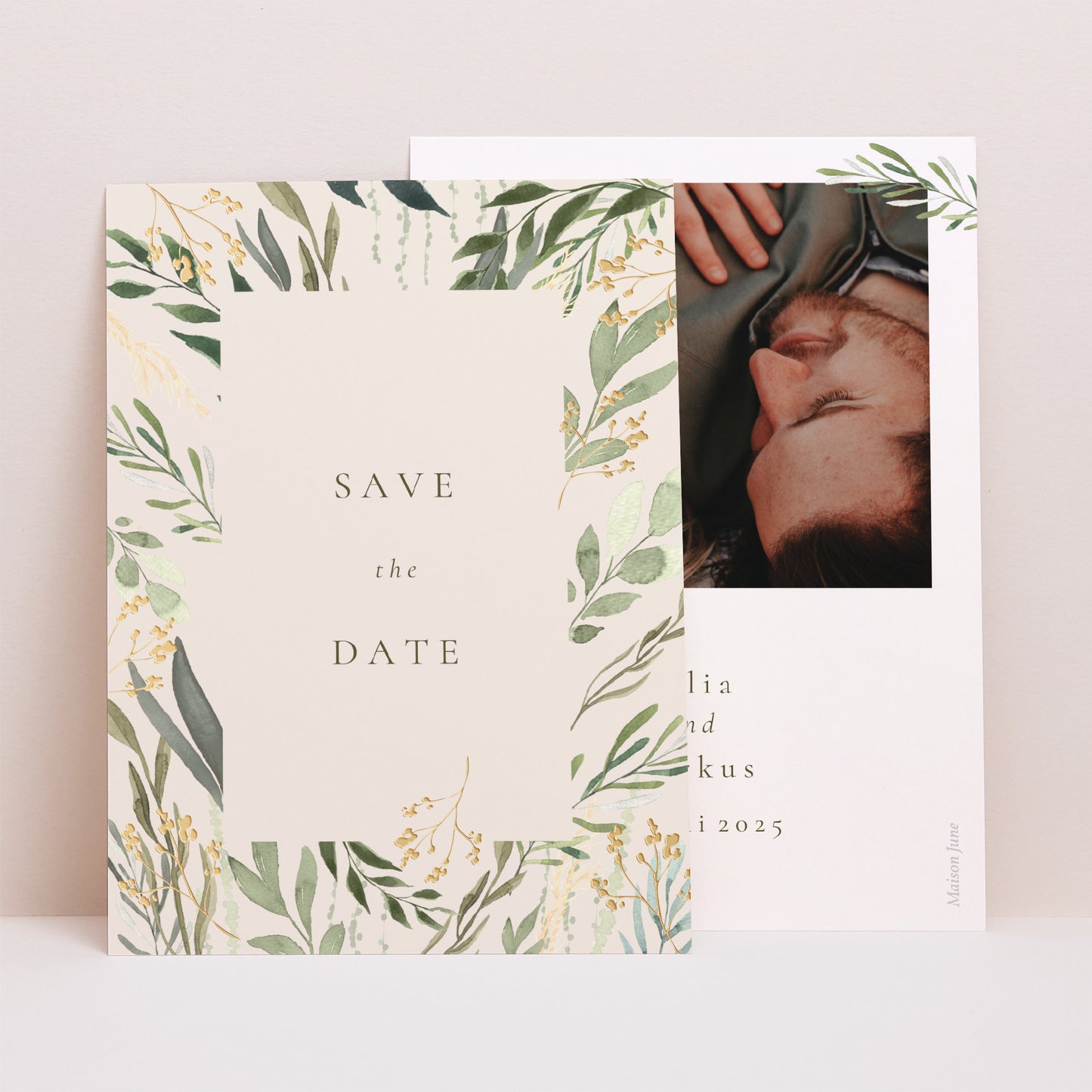 Save the date Karte Hochzeit Porträt Pflanzlich, Goldene Splitter foto N° 1