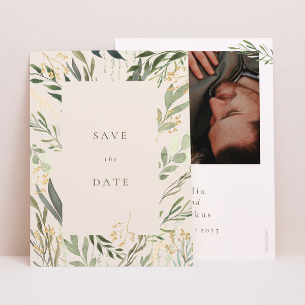Save the date Karte Hochzeit Porträt Pflanzlich, Goldene Splitter foto