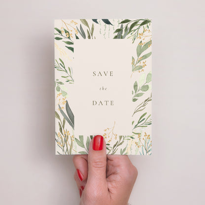 Save the date Karte Hochzeit Porträt Pflanzlich, Goldene Splitter foto N° 2