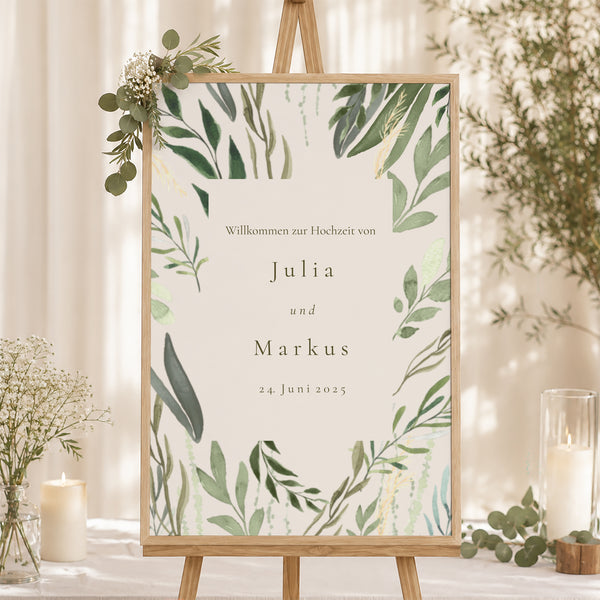 Begrüßungstafel Hochzeit Porträt 60 x 90 cm Pflanzlich, Goldene Splitter foto