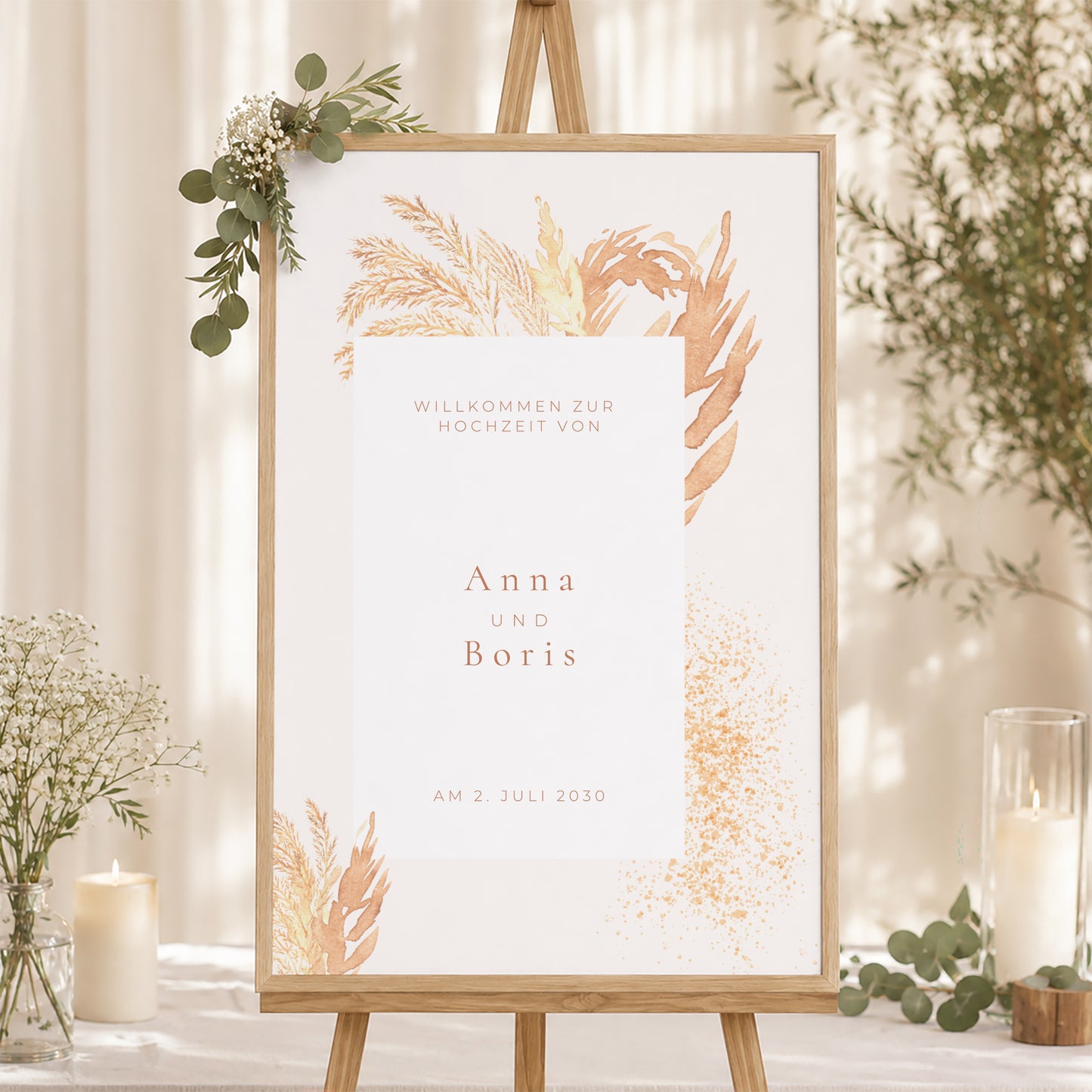 Begrüßungstafel Hochzeit Porträt 60 x 90 cm pampa, dezentrierter Rahmen foto N° 1