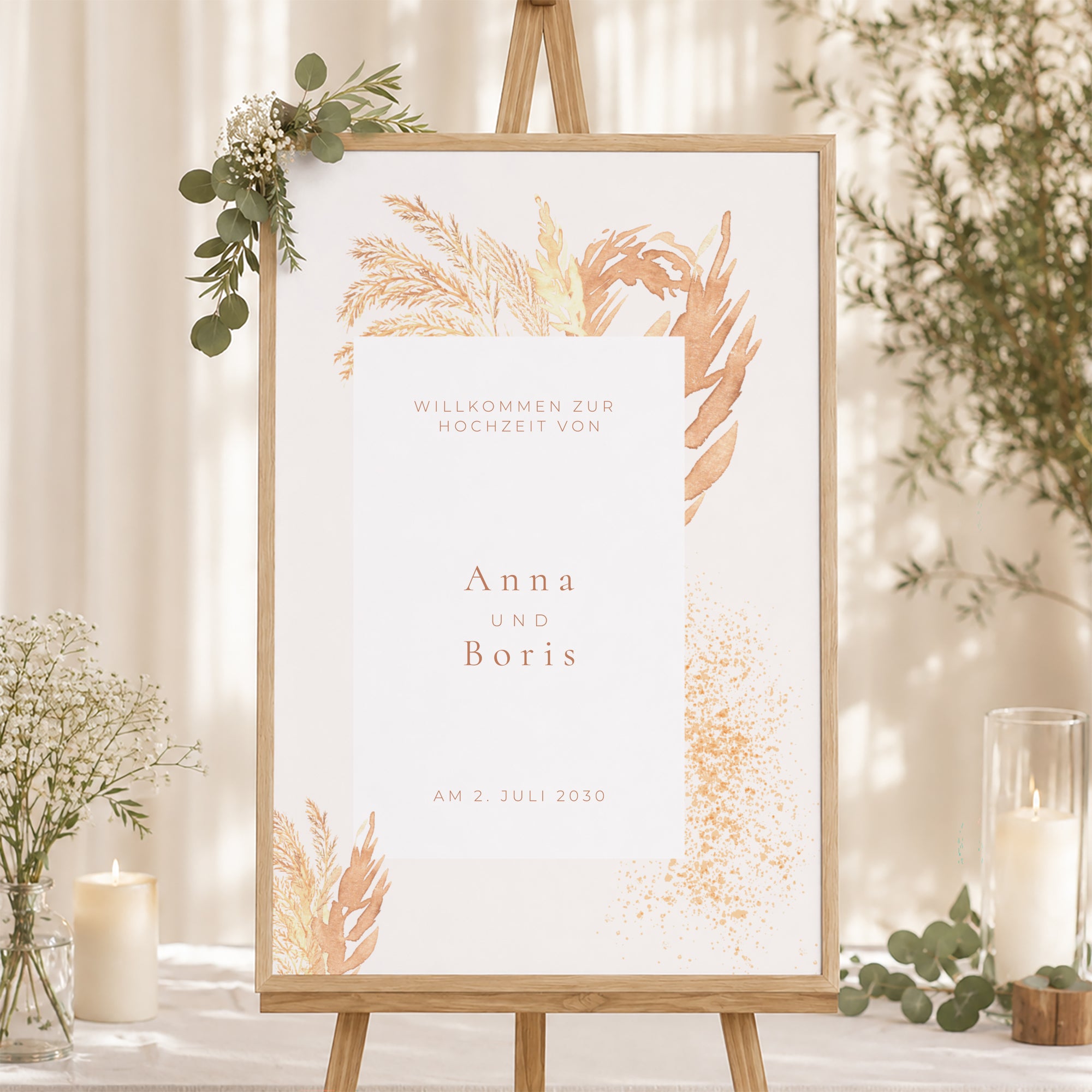 Begrüßungstafel Hochzeit Porträt 60 x 90 cm pampa, dezentrierter Rahmen foto N° 1