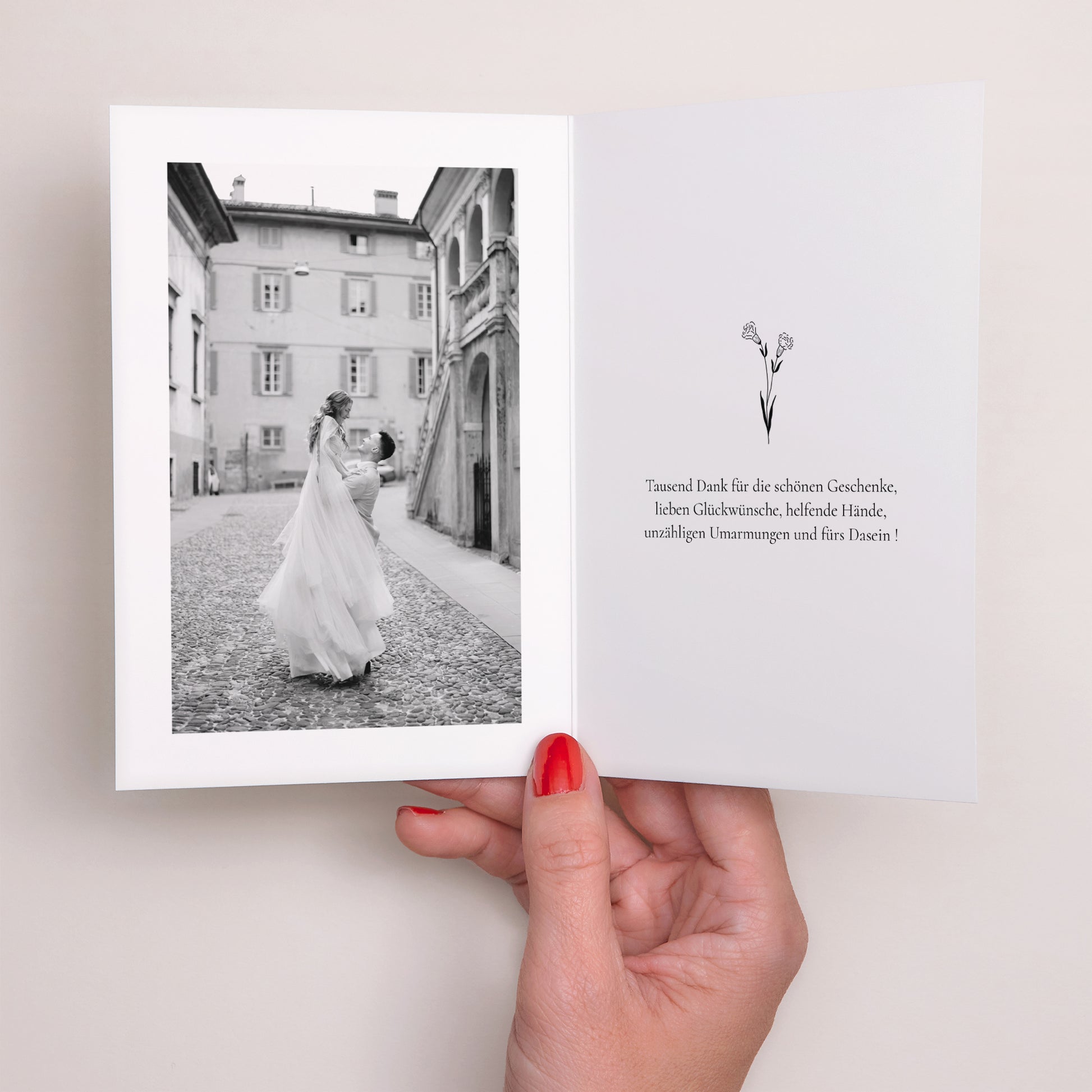 Dankeskarte Hochzeit Doppelter Porträtflügel Pflanzliche Harmonie foto N° 2