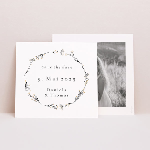 Save the date Karte Hochzeit Quadrat Pflanzliche Harmonie foto