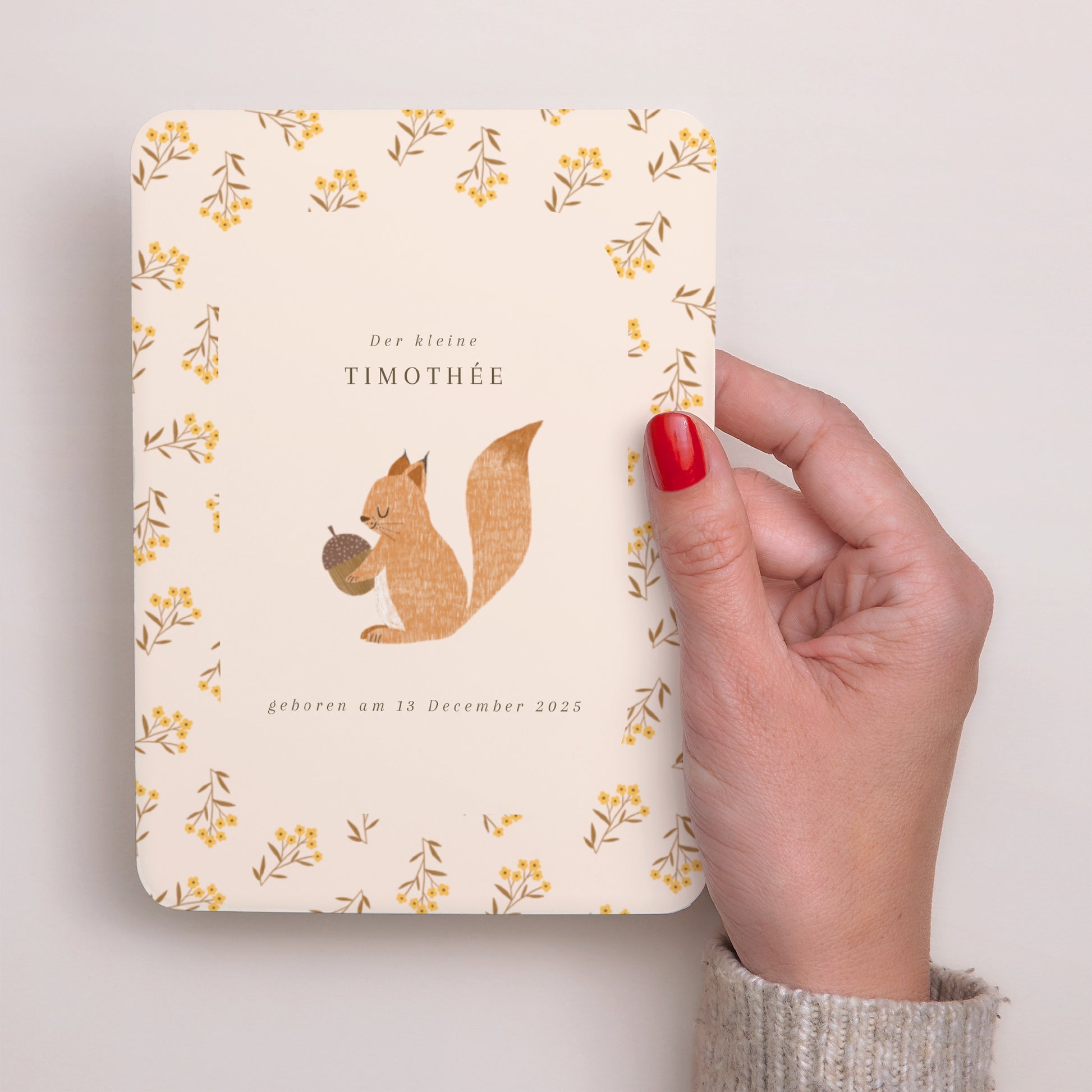 Geburtskarten Porträt, abgerundete Kanten Eichhörnchen, Blumenmuster foto N° 2