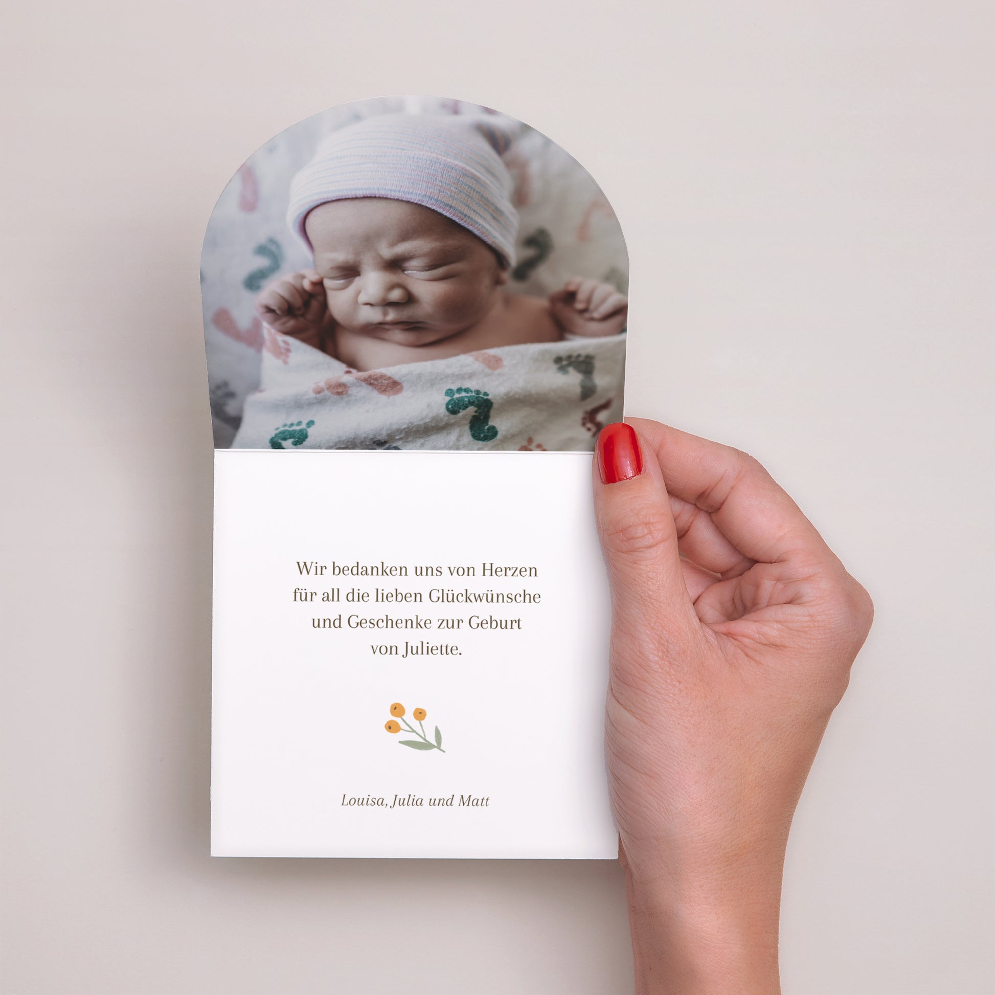 Dankeskarte Geburt Doppelflügelfensterhalbmond Poussin & Motive foto N° 2