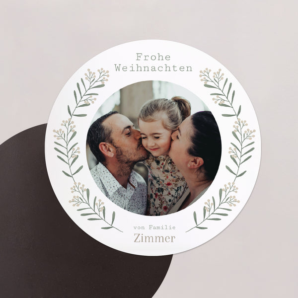 Weihnachtskarte Weihnachten Set von 8, magnetisch, rund, Ø 10 cm Flockenstrang und Kugel foto