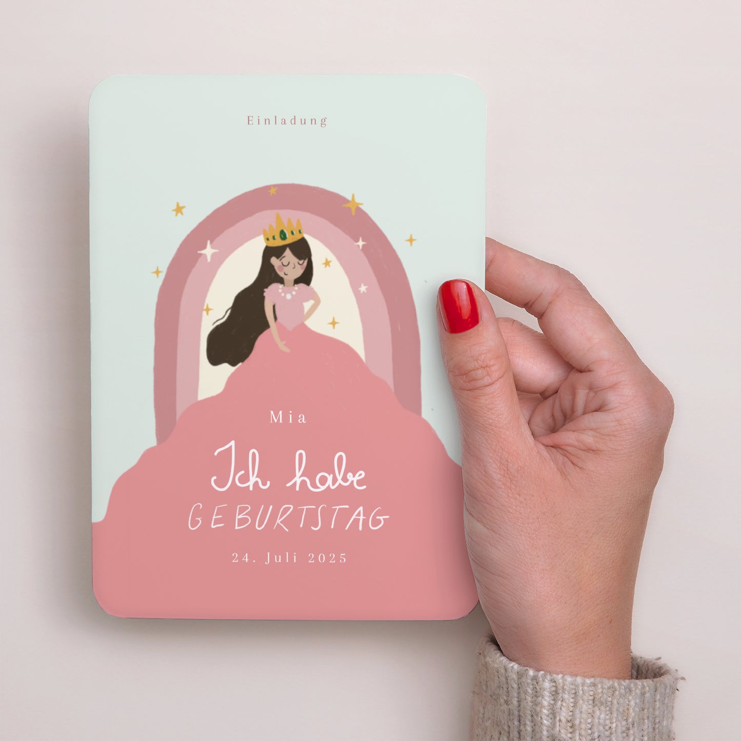 Einladungskarte Kindergeburtstag Porträt, abgerundete Kanten Prinzessin Regenbogen foto N° 2