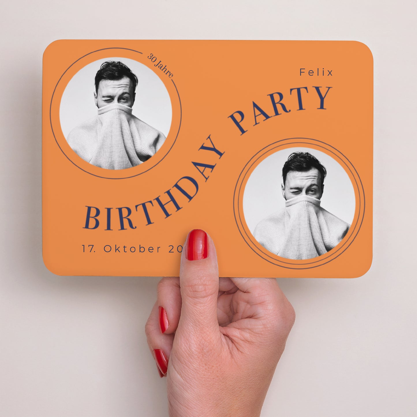 Einladungskarte Geburtstag Landschaft, abgerundete Ränder Orange Flashy Party, Mann foto N° 2