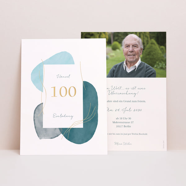 Einladungskarte Geburtstag Aquarellblau, 100 Jahre Mann foto