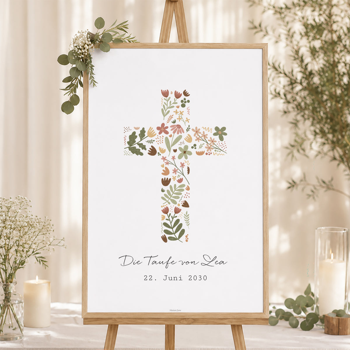 Begrüßungstafel Taufe Porträt 60 x 90 cm Blumenkreuz foto N° 1