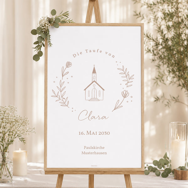 Begrüßungstafel Taufe Porträt 60 x 90 cm Kirche mit rosafarbener Kreide foto