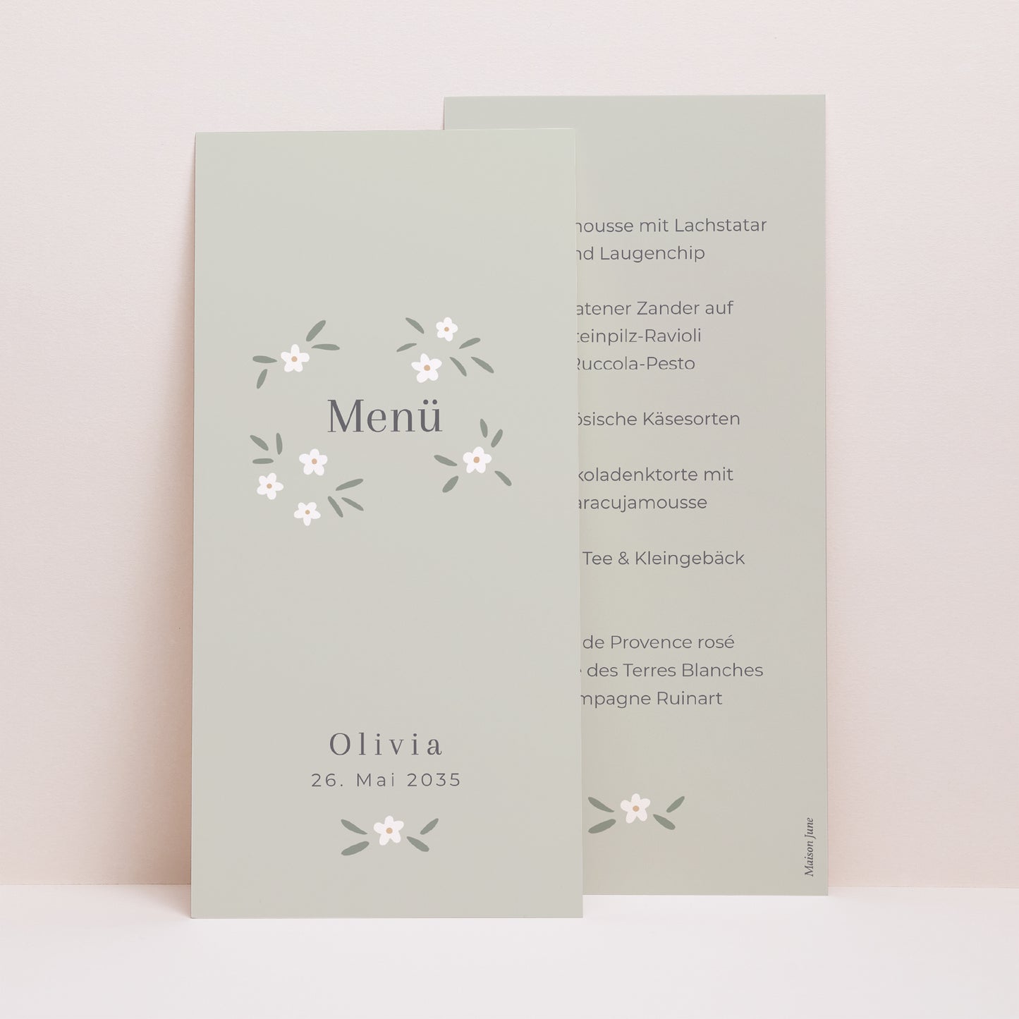Menükarte Taufe Panoramatisches Porträt Kleine Blumen grün foto N° 1